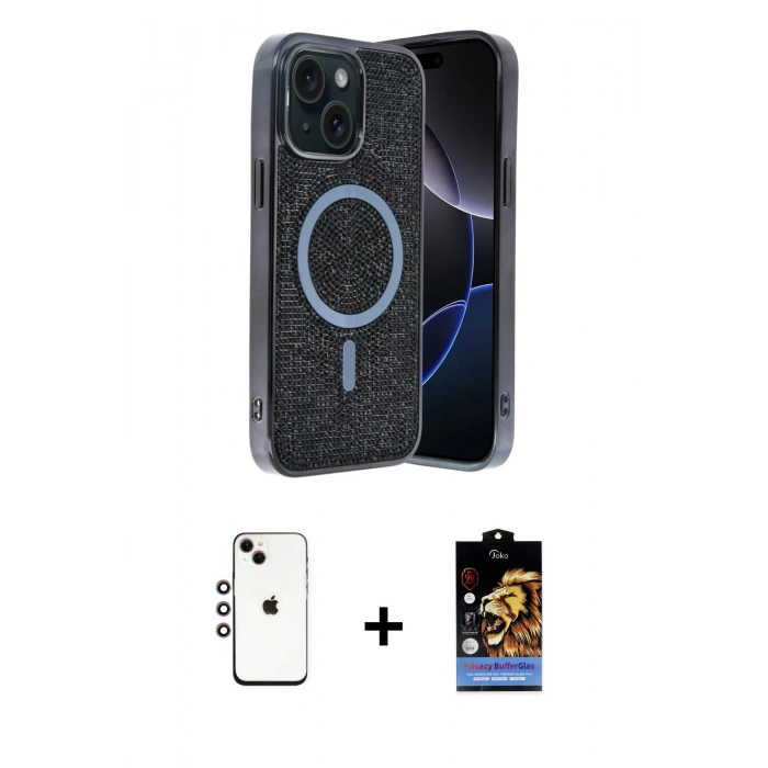 MARSİLYAN™- iPhone 14 Kılıf Eksen Çizgi - Siyah Buffer Hayalet Cam Ekran Koruyucu + Shine Kamera Lens - GI