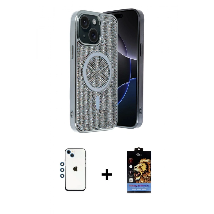 MARSİLYAN™- iPhone 14 Kılıf Eksen Çizgi - Siyah Buffer Hayalet Cam Ekran Koruyucu + Shine Kamera Lens - MI
