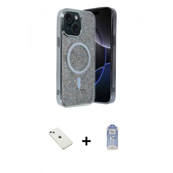 MARSİLYAN™- iPhone 14 Kılıf Eksen Çizgi - Siyah Joko Magic 5D Cam + Diamond Kamera Lens - SABE