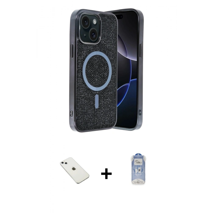 MARSİLYAN™- iPhone 14 Kılıf Eksen Çizgi - Siyah Joko Magic 5D Cam + Diamond Kamera Lens - SABE