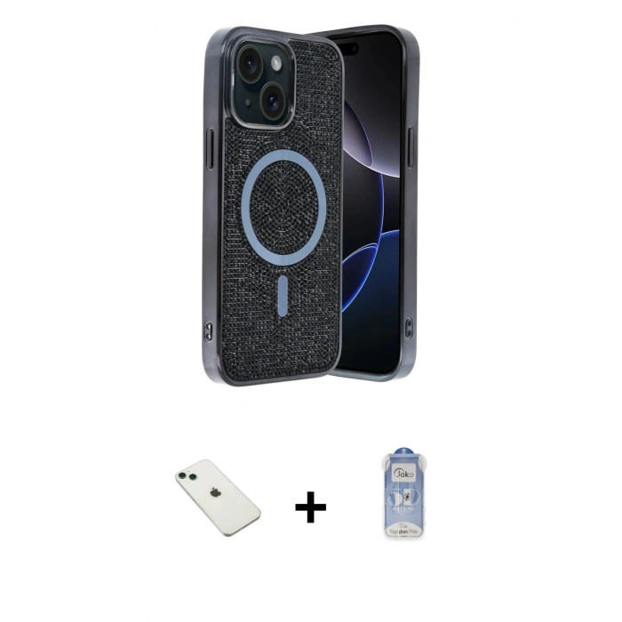 MARSİLYAN™- iPhone 14 Kılıf Eksen Çizgi - Siyah Joko Magic 5D Cam + Diamond Kamera Lens - YL