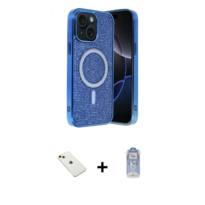 MARSİLYAN™- iPhone 14 Kılıf Eksen Çizgi - Siyah Joko Magic 5D Cam + Diamond Kamera Lens - KI
