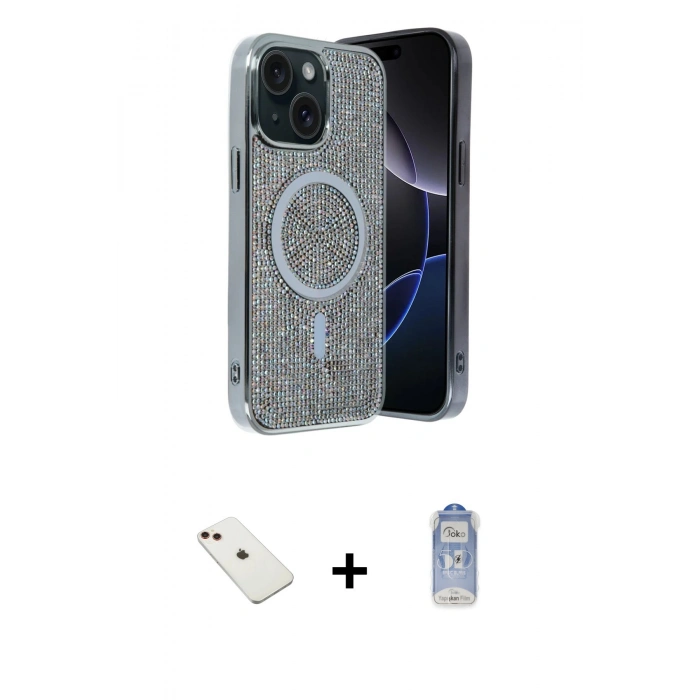MARSİLYAN™- iPhone 14 Kılıf Eksen Çizgi - Siyah Joko Magic 5D Cam + Diamond Kamera Lens - KI