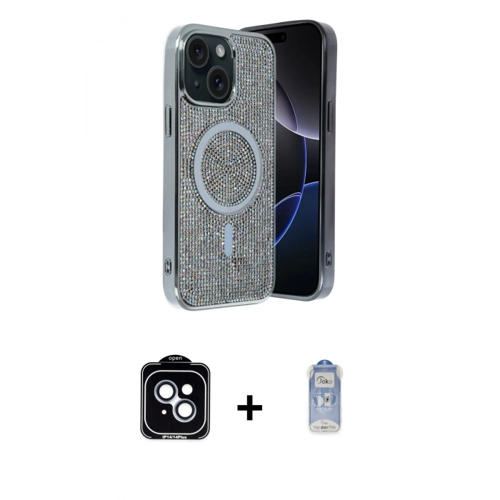 MARSİLYAN™- iPhone 14 Kılıf Eksen Çizgi - Siyah Joko Magic 5D Cam + PVD Metal Kamera Lens - MI