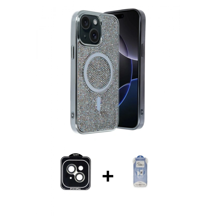 MARSİLYAN™- iPhone 14 Kılıf Eksen Çizgi - Siyah Joko Magic 5D Cam + PVD Metal Kamera Lens - YL