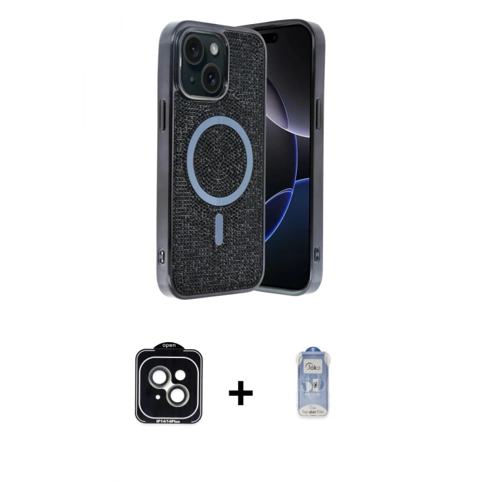 MARSİLYAN™- iPhone 14 Kılıf Eksen Çizgi - Siyah Joko Magic 5D Cam + PVD Metal Kamera Lens - YL