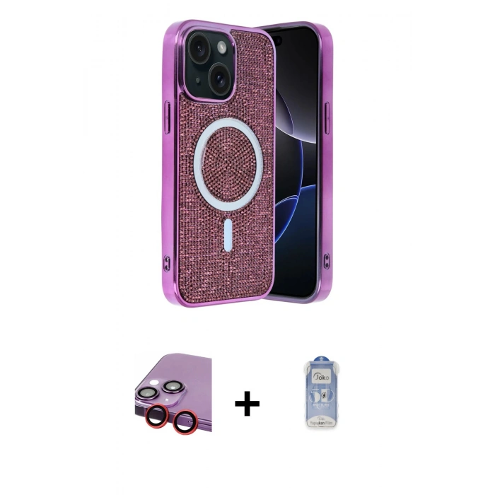 MARSİLYAN™- iPhone 14 Kılıf Eksen Çizgi - Siyah Joko Magic 5D Cam + Raze Metal Kamera Lens - KI