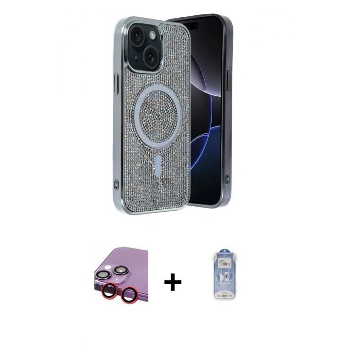 MARSİLYAN™- iPhone 14 Kılıf Eksen Çizgi - Siyah Joko Magic 5D Cam + Raze Metal Kamera Lens - KI
