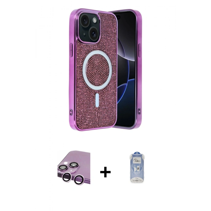 MARSİLYAN™- iPhone 14 Kılıf Eksen Çizgi - Siyah Joko Magic 5D Cam + Raze Metal Kamera Lens - MR