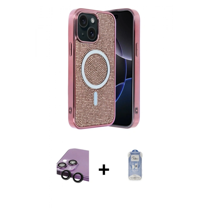 MARSİLYAN™- iPhone 14 Kılıf Eksen Çizgi - Siyah Joko Magic 5D Cam + Raze Metal Kamera Lens - SH