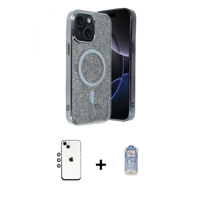 MARSİLYAN™- iPhone 14 Kılıf Eksen Çizgi - Siyah Joko Magic 5D Cam + Shine Kamera Lens - GI