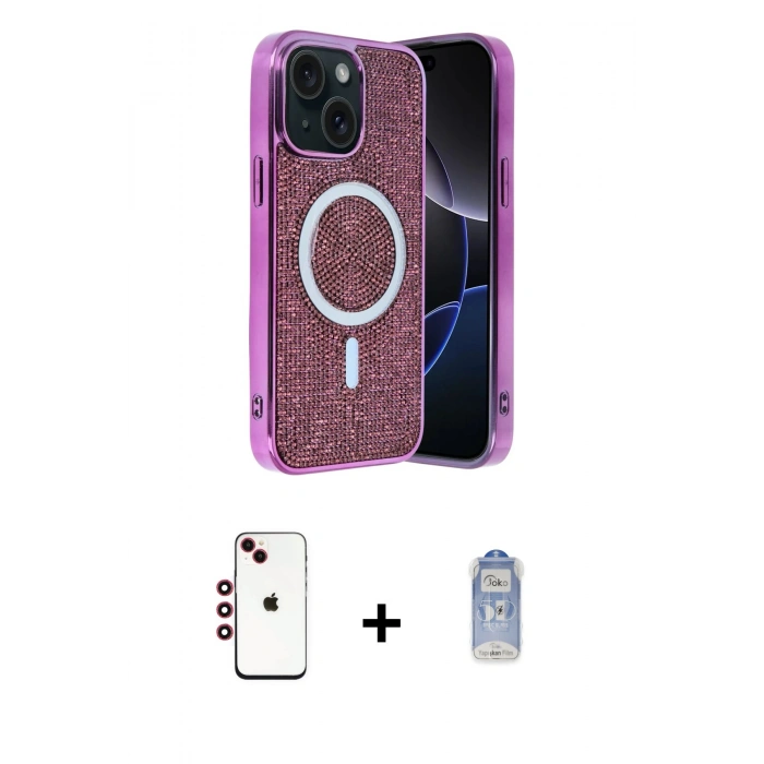 MARSİLYAN™- iPhone 14 Kılıf Eksen Çizgi - Siyah Joko Magic 5D Cam + Shine Kamera Lens - KI