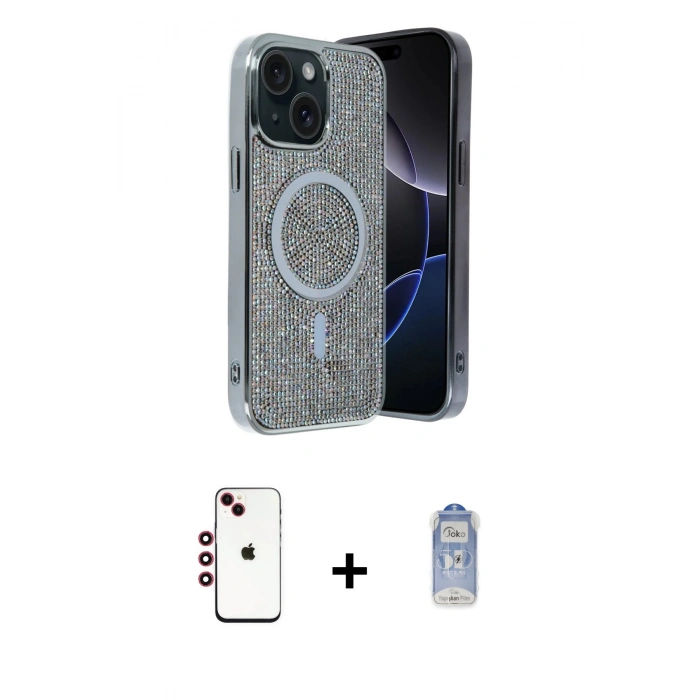 MARSİLYAN™- iPhone 14 Kılıf Eksen Çizgi - Siyah Joko Magic 5D Cam + Shine Kamera Lens - KI
