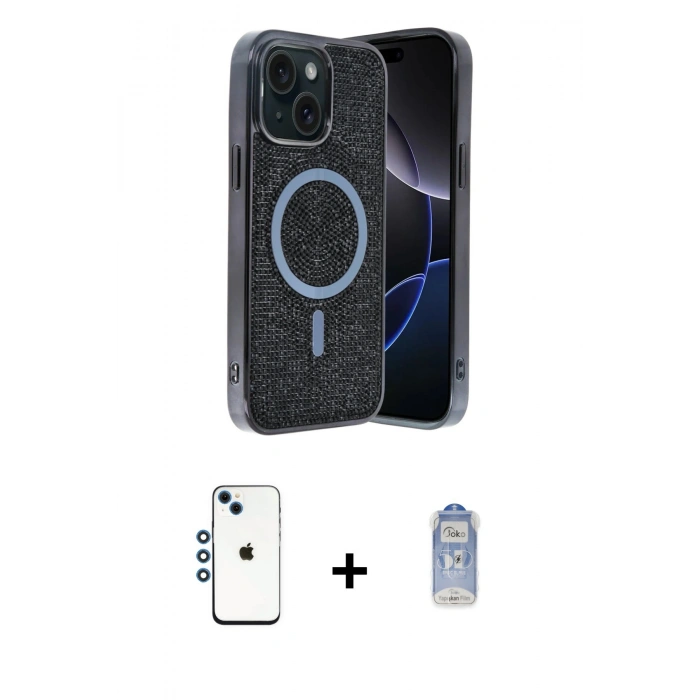 MARSİLYAN™- iPhone 14 Kılıf Eksen Çizgi - Siyah Joko Magic 5D Cam + Shine Kamera Lens - MI