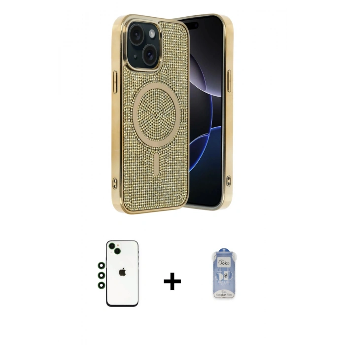 MARSİLYAN™- iPhone 14 Kılıf Eksen Çizgi - Siyah Joko Magic 5D Cam + Shine Kamera Lens - YL
