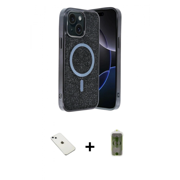 MARSİLYAN™- iPhone 14 Kılıf Eksen Çizgi - Siyah Joko Magic 5D Hayalet Cam + Diamond Kamera Lens - SABE