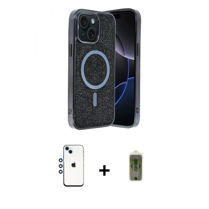 MARSİLYAN™- iPhone 14 Kılıf Eksen Çizgi - Siyah Joko Magic 5D Hayalet Cam + Shine Kamera Lens - MI