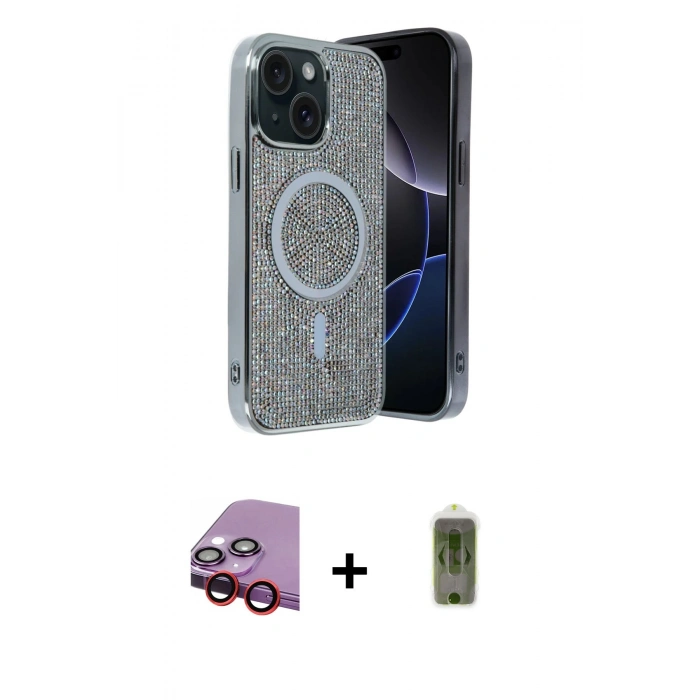 MARSİLYAN™- iPhone 14 Kılıf Eksen Çizgi - Siyah Joko Magic 5D Hayalet Cam + Raze Metal Kamera Lens - KI