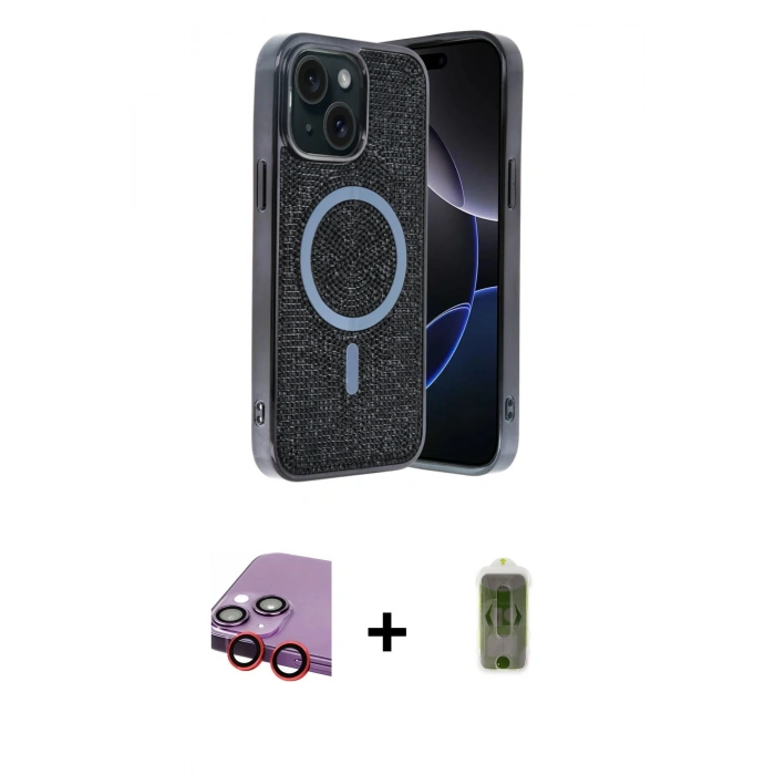 MARSİLYAN™- iPhone 14 Kılıf Eksen Çizgi - Siyah Joko Magic 5D Hayalet Cam + Raze Metal Kamera Lens - KI