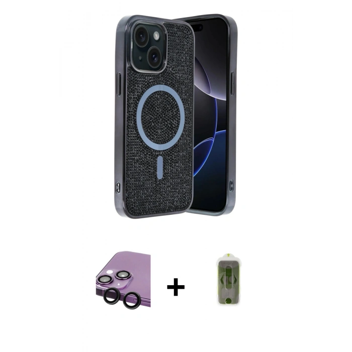 MARSİLYAN™- iPhone 14 Kılıf Eksen Çizgi - Siyah Joko Magic 5D Hayalet Cam + Raze Metal Kamera Lens - SH