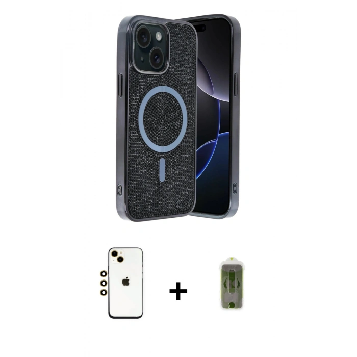 MARSİLYAN™- iPhone 14 Kılıf Eksen Çizgi - Siyah Joko Magic 5D Hayalet Cam + Shine Kamera Lens - GD