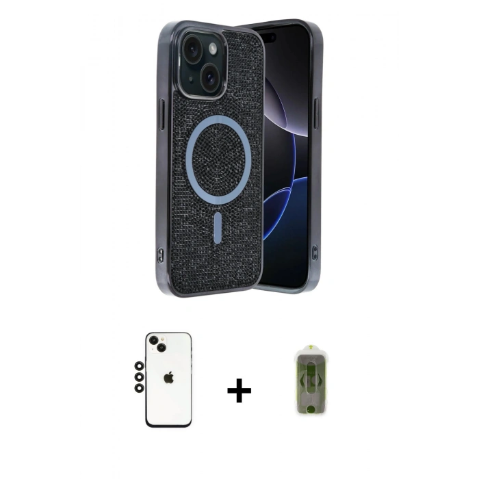 MARSİLYAN™- iPhone 14 Kılıf Eksen Çizgi - Siyah Joko Magic 5D Hayalet Cam + Shine Kamera Lens - SH