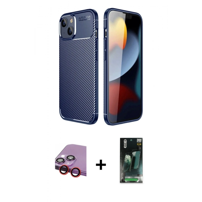MARSİLYAN™- iPhone 14 Kılıf Eksen Form Prime - Şeffaf 360 Full Body Arka Koruyucu + Raze Metal Kamera Lens - KI