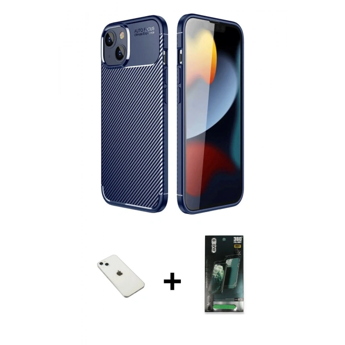MARSİLYAN™- iPhone 14 Kılıf Eksen Form Prime - Şeffaf 360 Full Body Arka Koruyucu + Sierra Blue Diamond Kamera Lens