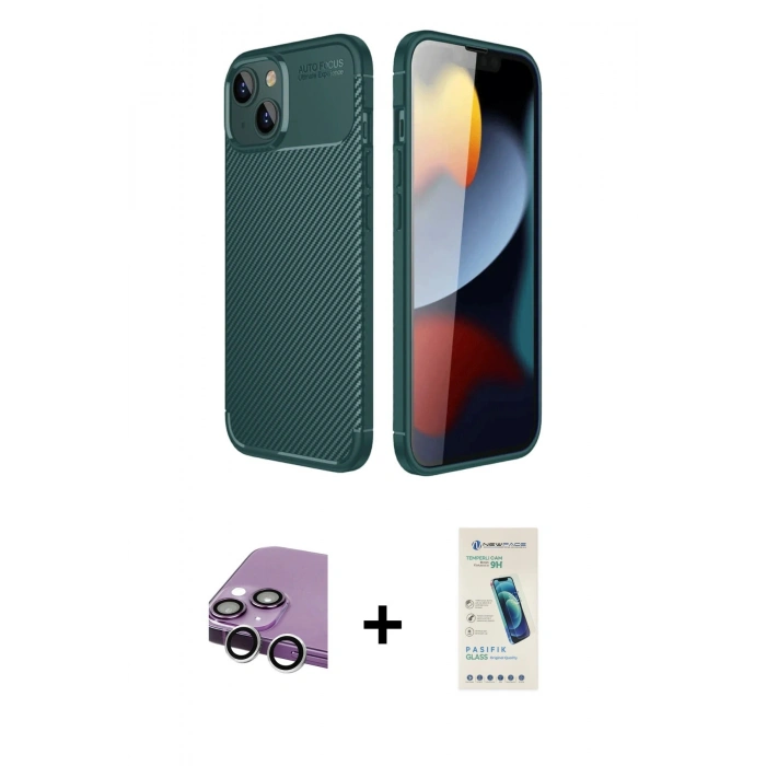 MARSİLYAN™- iPhone 14 Kılıf Eksen Form Prime - Şeffaf Pasifik Cam Ekran Koruyucu + Gümüş Raze Metal Kamera Lens