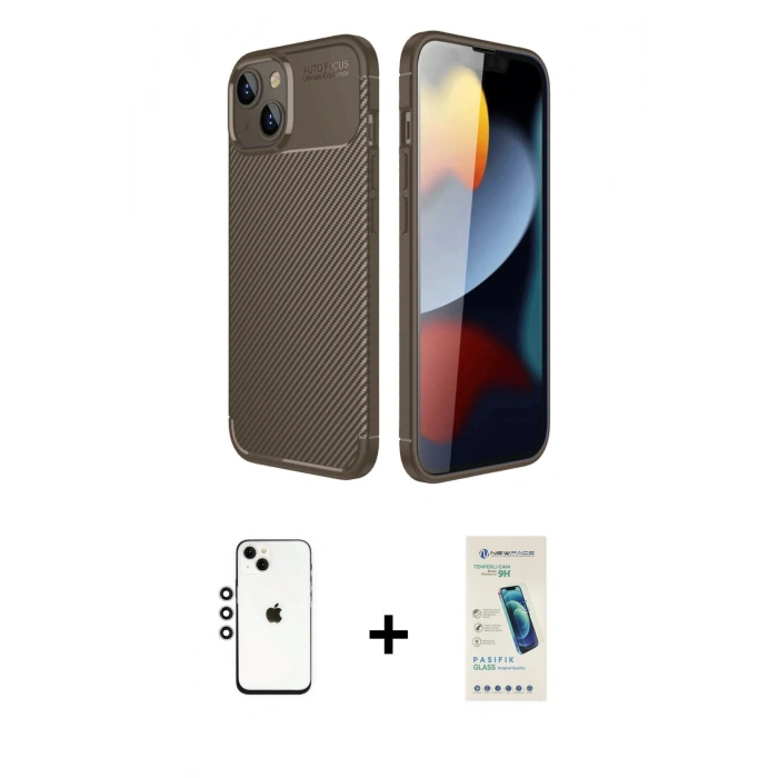 MARSİLYAN™- iPhone 14 Kılıf Eksen Form Prime - Şeffaf Pasifik Cam Ekran Koruyucu + Shine Kamera Lens - GS