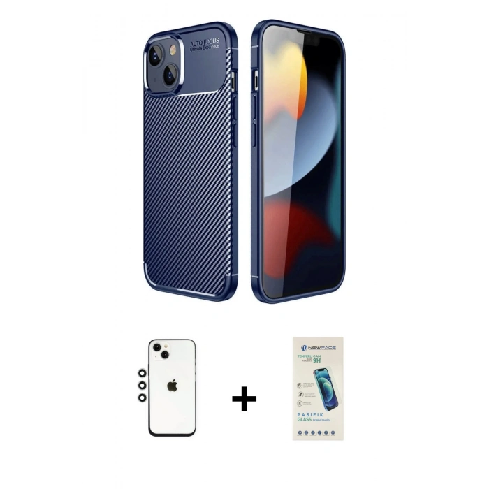 MARSİLYAN™- iPhone 14 Kılıf Eksen Form Prime - Şeffaf Pasifik Cam Ekran Koruyucu + Shine Kamera Lens - GS