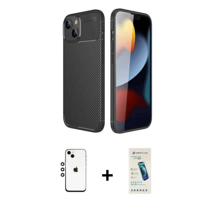 MARSİLYAN™- iPhone 14 Kılıf Eksen Form Prime - Şeffaf Pasifik Cam Ekran Koruyucu + Shine Kamera Lens - GS