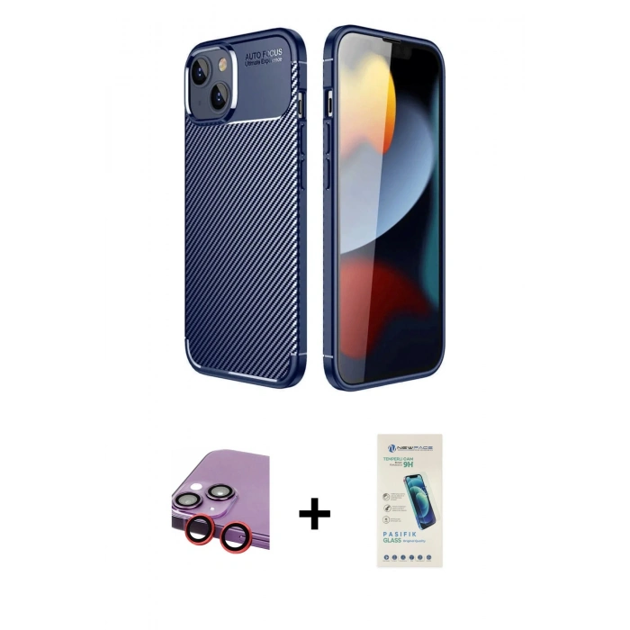 MARSİLYAN™- iPhone 14 Kılıf Eksen Form Prime - Şeffaf Pasifik Cam Ekran Koruyucu + Raze Metal Kamera Lens - KI