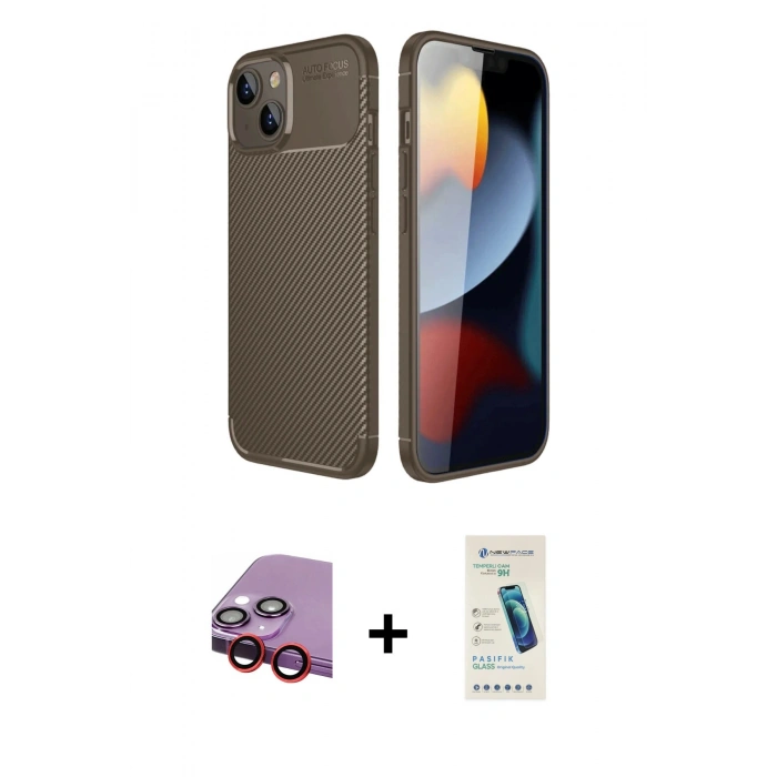 MARSİLYAN™- iPhone 14 Kılıf Eksen Form Prime - Şeffaf Pasifik Cam Ekran Koruyucu + Raze Metal Kamera Lens - KI
