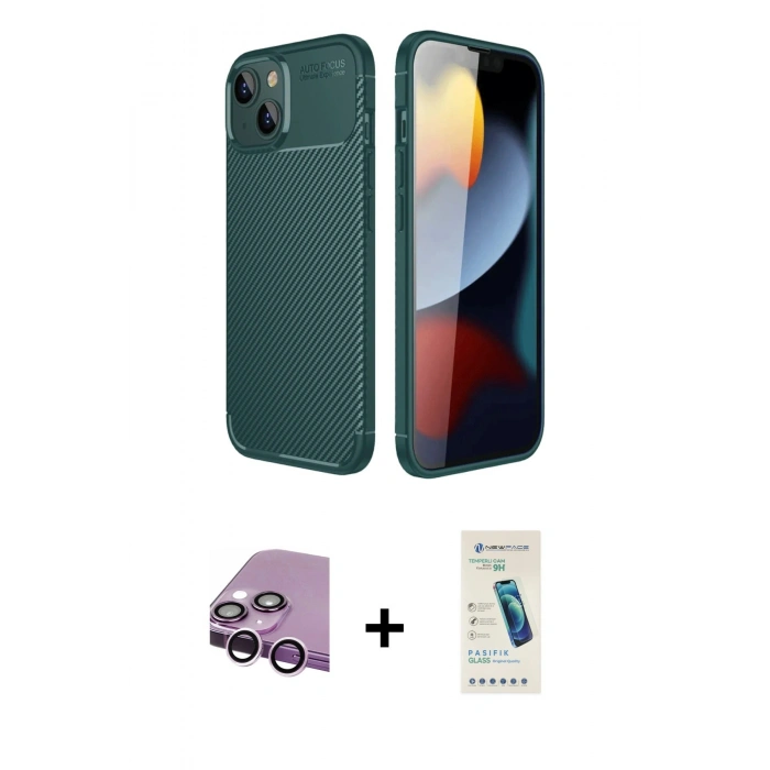 MARSİLYAN™- iPhone 14 Kılıf Eksen Form Prime - Şeffaf Pasifik Cam Ekran Koruyucu + Raze Metal Kamera Lens - MR