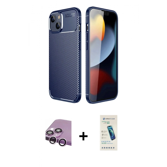 MARSİLYAN™- iPhone 14 Kılıf Eksen Form Prime - Şeffaf Pasifik Cam Ekran Koruyucu + Raze Metal Kamera Lens - MR