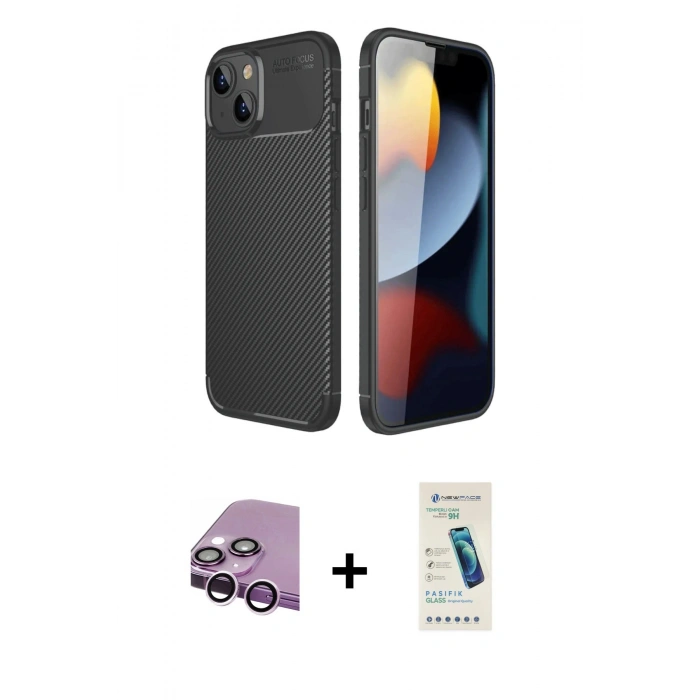 MARSİLYAN™- iPhone 14 Kılıf Eksen Form Prime - Şeffaf Pasifik Cam Ekran Koruyucu + Raze Metal Kamera Lens - MR