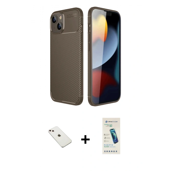 MARSİLYAN™- iPhone 14 Kılıf Eksen Form Prime - Şeffaf Pasifik Cam Ekran Koruyucu + Pembe Diamond Kamera Lens