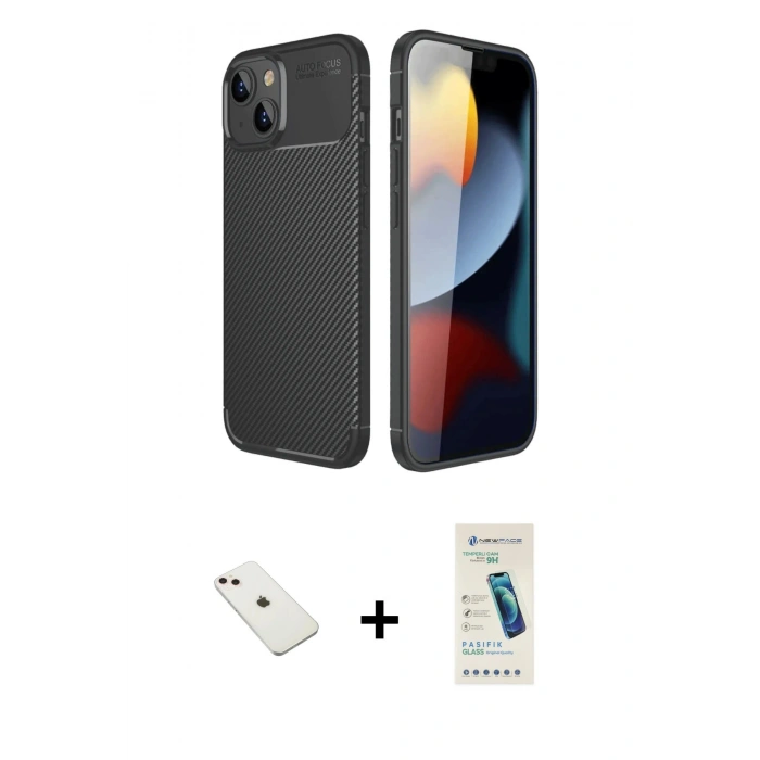 MARSİLYAN™- iPhone 14 Kılıf Eksen Form Prime - Şeffaf Pasifik Cam Ekran Koruyucu + Pembe Diamond Kamera Lens