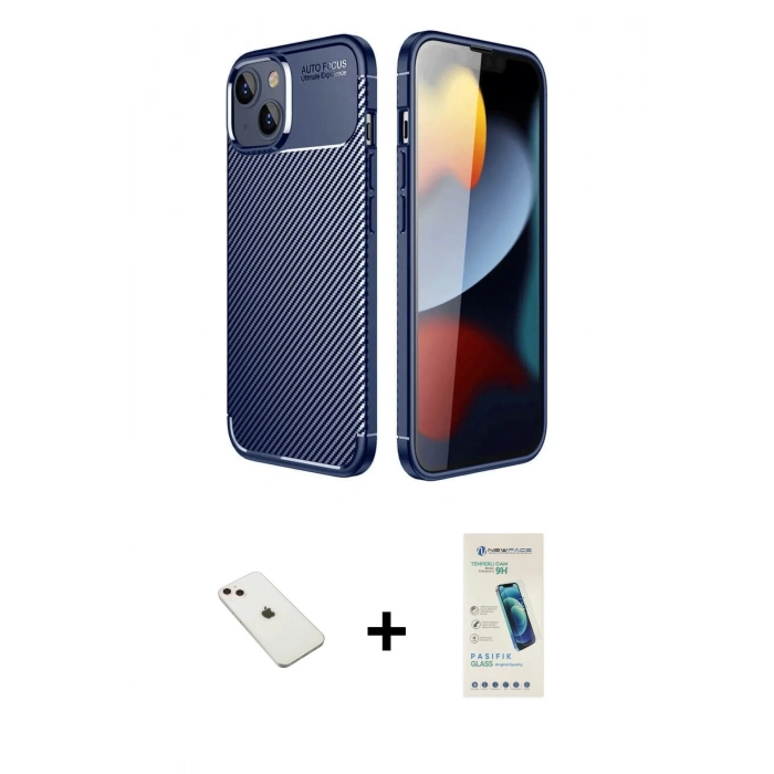 MARSİLYAN™- iPhone 14 Kılıf Eksen Form Prime - Şeffaf Pasifik Cam Ekran Koruyucu + Pembe Diamond Kamera Lens
