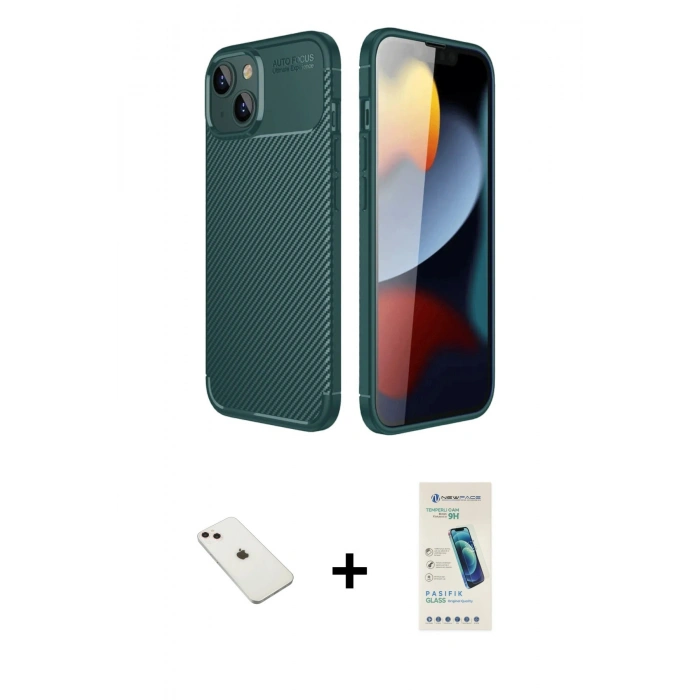 MARSİLYAN™- iPhone 14 Kılıf Eksen Form Prime - Şeffaf Pasifik Cam Ekran Koruyucu + Pembe Diamond Kamera Lens
