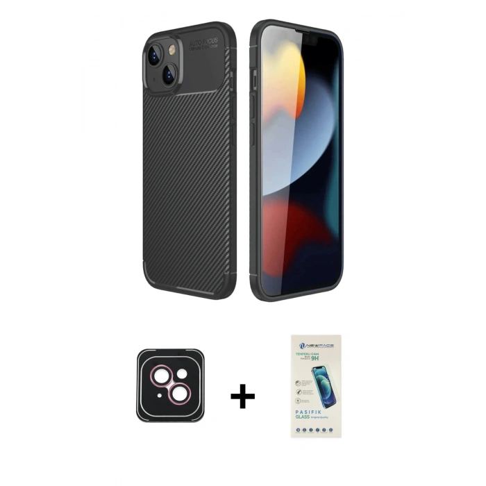 MARSİLYAN™- iPhone 14 Kılıf Eksen Form Prime - Şeffaf Pasifik Cam Ekran Koruyucu + PVD Metal Kamera Lens - PE