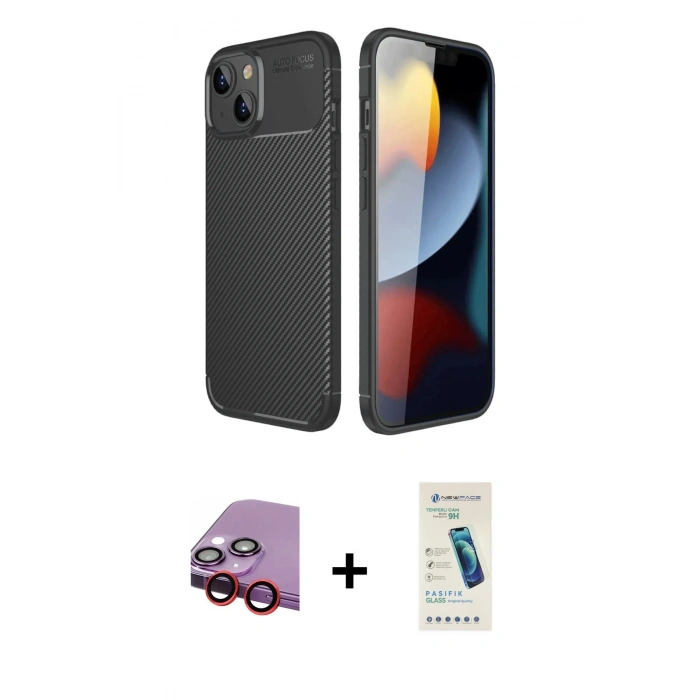 MARSİLYAN™- iPhone 14 Kılıf Eksen Form Prime - Şeffaf Pasifik Cam Ekran Koruyucu + Raze Metal Kamera Lens - KI