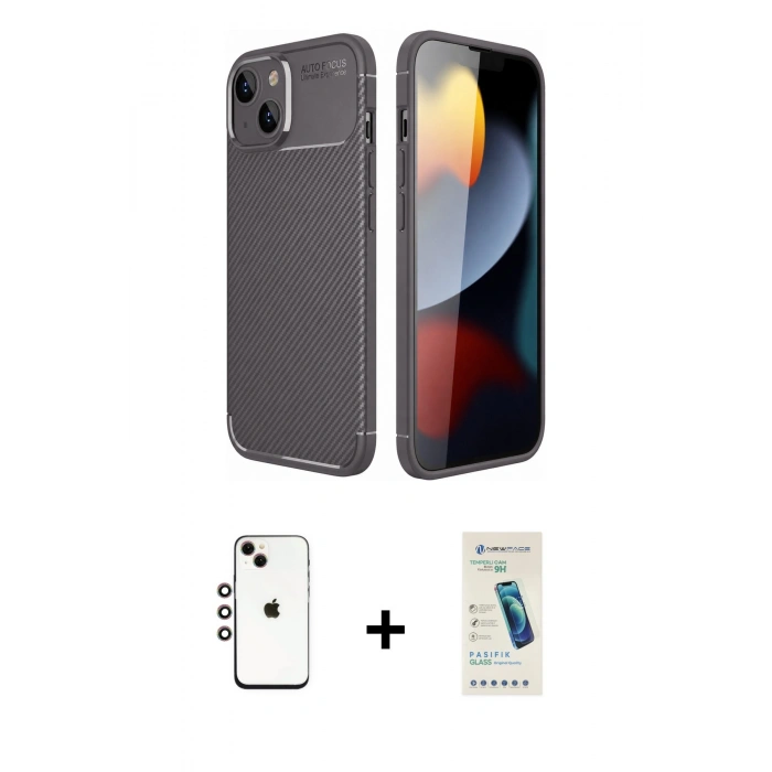 MARSİLYAN™- iPhone 14 Kılıf Eksen Form Prime - Şeffaf Pasifik Cam Ekran Koruyucu + Shine Kamera Lens - GI