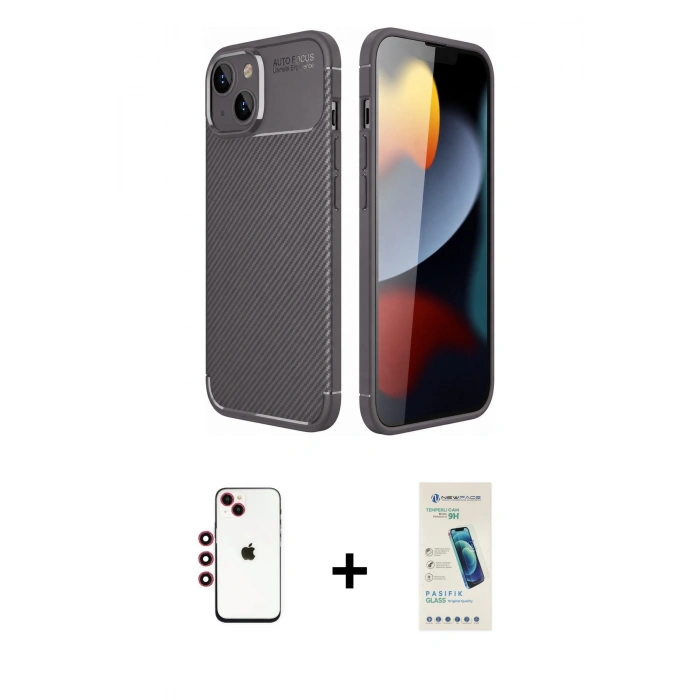 MARSİLYAN™- iPhone 14 Kılıf Eksen Form Prime - Şeffaf Pasifik Cam Ekran Koruyucu + Shine Kamera Lens - KI