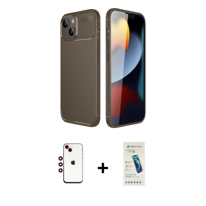 MARSİLYAN™- iPhone 14 Kılıf Eksen Form Prime - Şeffaf Pasifik Cam Ekran Koruyucu + Shine Kamera Lens - KI