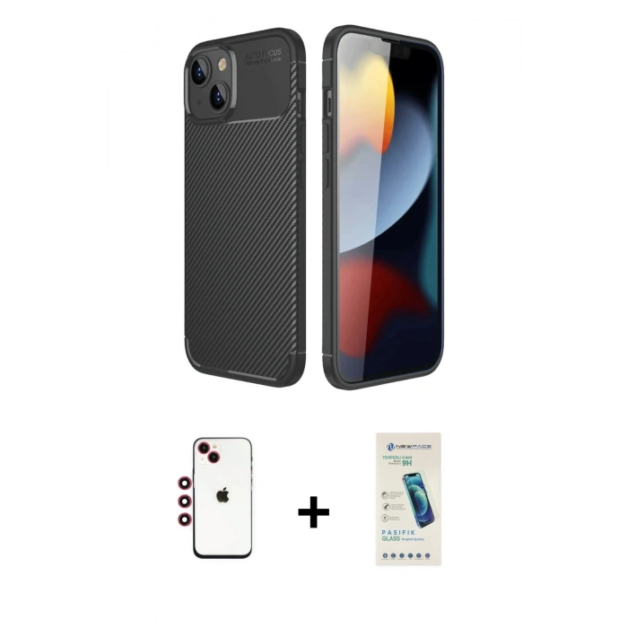 MARSİLYAN™- iPhone 14 Kılıf Eksen Form Prime - Şeffaf Pasifik Cam Ekran Koruyucu + Shine Kamera Lens - KI