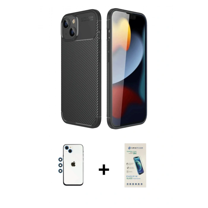 MARSİLYAN™- iPhone 14 Kılıf Eksen Form Prime - Şeffaf Pasifik Cam Ekran Koruyucu + Shine Kamera Lens - MI