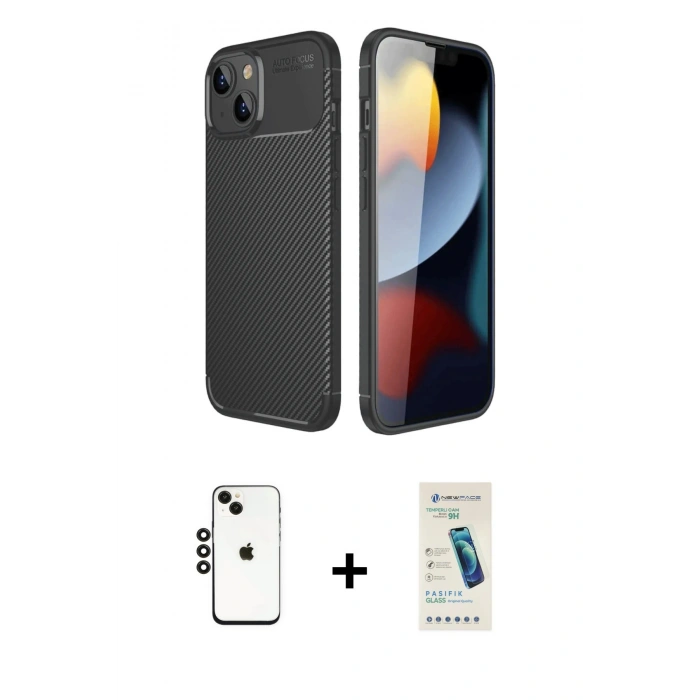 MARSİLYAN™- iPhone 14 Kılıf Eksen Form Prime - Şeffaf Pasifik Cam Ekran Koruyucu + Shine Kamera Lens - SH