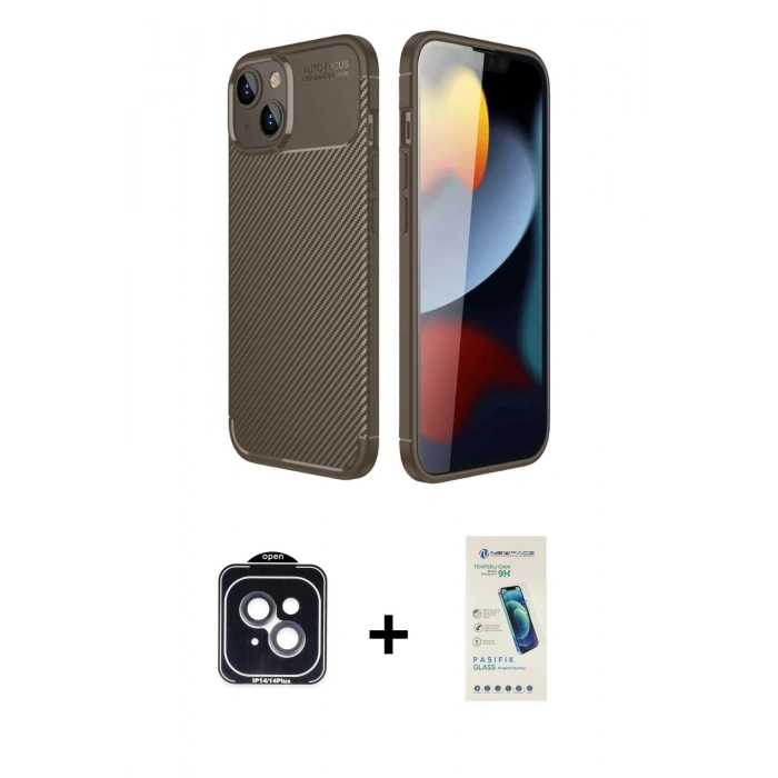 MARSİLYAN™- iPhone 14 Kılıf Eksen Form Prime - Şeffaf Pasifik Cam Ekran Koruyucu + PVD Metal Kamera Lens - SH